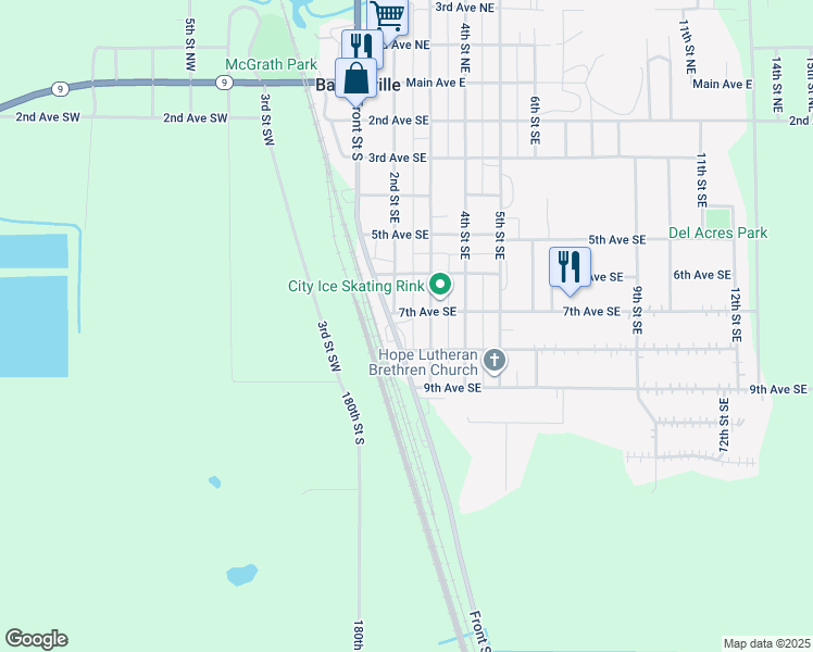 map of restaurants, bars, coffee shops, grocery stores, and more near 710 Front Street South in Barnesville
