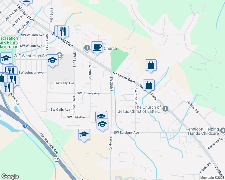 map of restaurants, bars, coffee shops, grocery stores, and more near 671 Southwest 20th Street in Chehalis