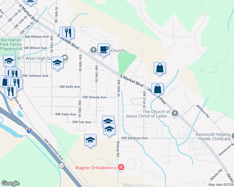 map of restaurants, bars, coffee shops, grocery stores, and more near 671 Southwest 20th Street in Chehalis
