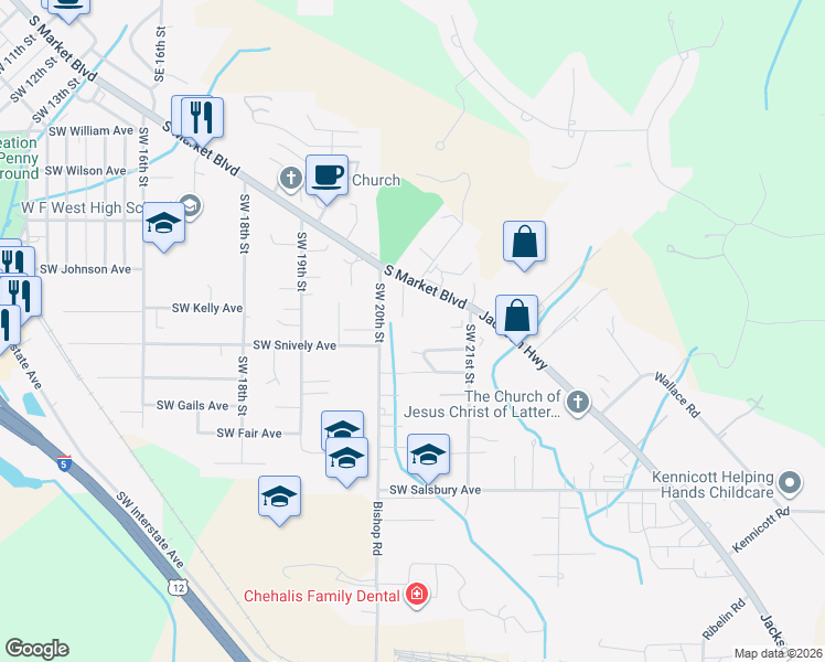 map of restaurants, bars, coffee shops, grocery stores, and more near 673 Southwest 20th Street in Chehalis