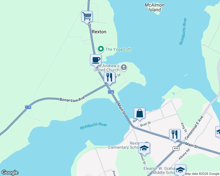 map of restaurants, bars, coffee shops, grocery stores, and more near 125 Rue Main in Rexton