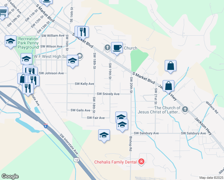 map of restaurants, bars, coffee shops, grocery stores, and more near 638 Southwest 19th Street in Chehalis