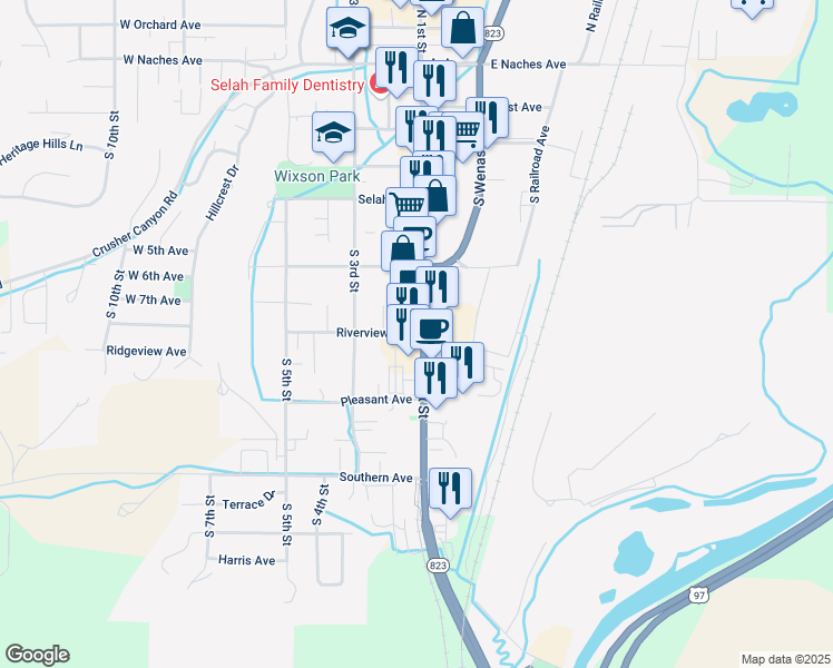 map of restaurants, bars, coffee shops, grocery stores, and more near 418 South 1st Street in Selah