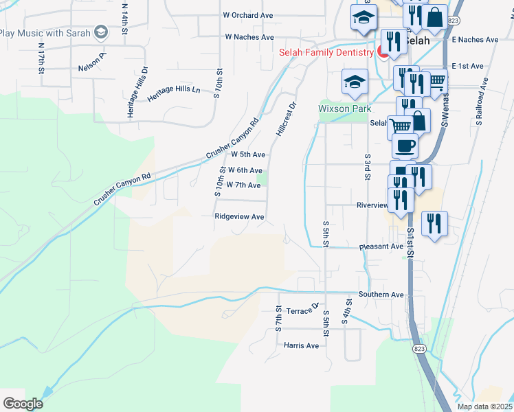 map of restaurants, bars, coffee shops, grocery stores, and more near 804 Riverview Avenue in Selah