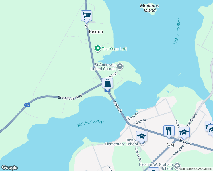 map of restaurants, bars, coffee shops, grocery stores, and more near 125 Rue Main in Rexton