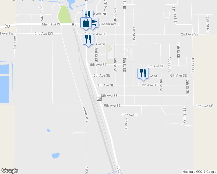 map of restaurants, bars, coffee shops, grocery stores, and more near 302 7th Avenue Southeast in Barnesville