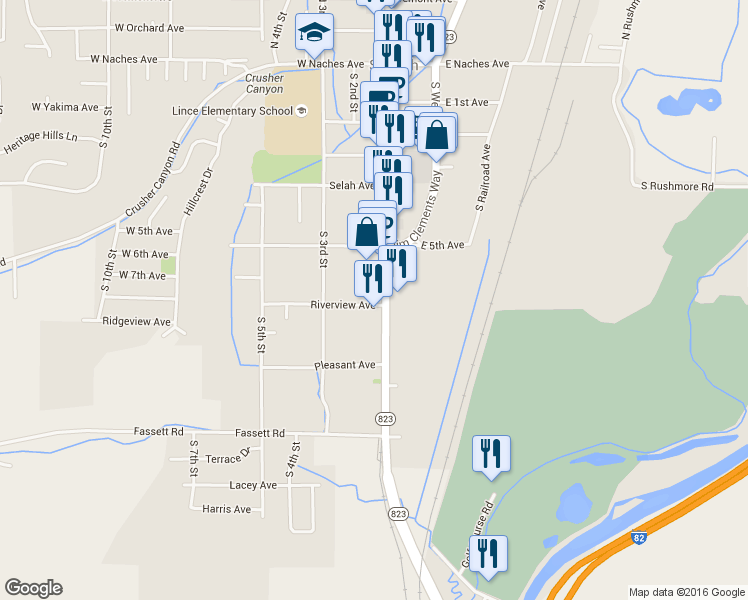 map of restaurants, bars, coffee shops, grocery stores, and more near 418 South 1st Street in Selah