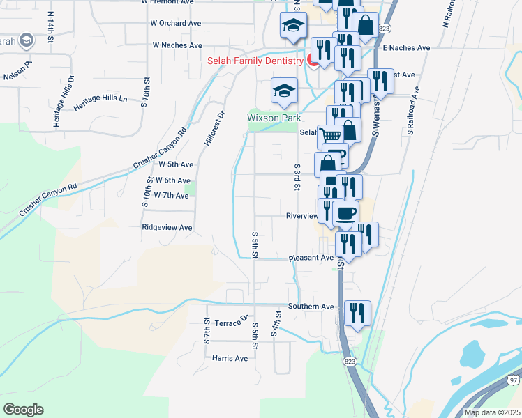 map of restaurants, bars, coffee shops, grocery stores, and more near 407 Riverview Ave in Selah
