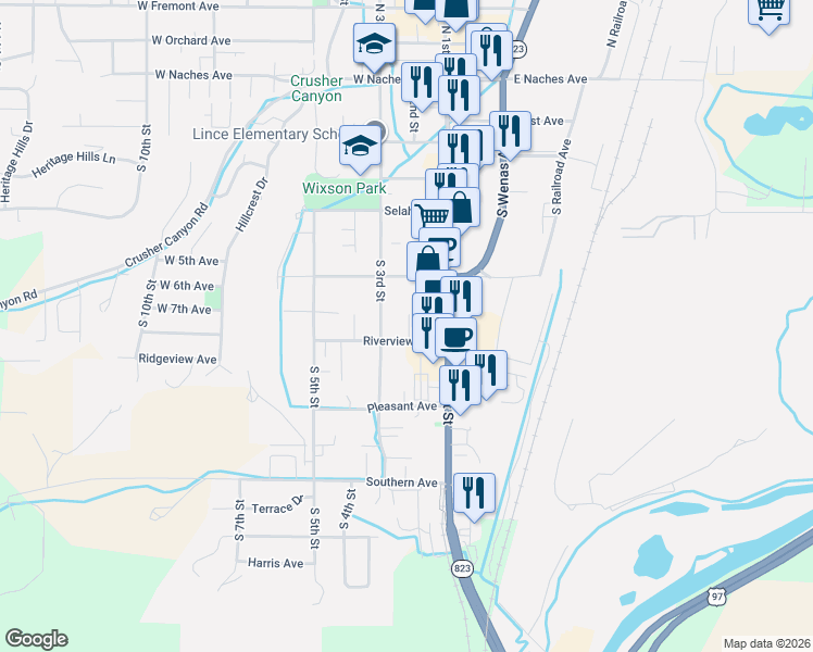 map of restaurants, bars, coffee shops, grocery stores, and more near 203 Riverview Avenue in Selah