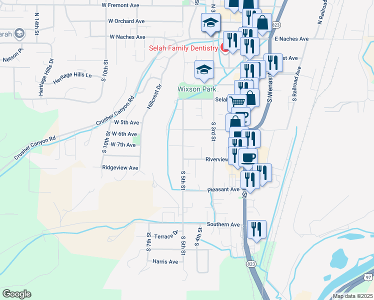 map of restaurants, bars, coffee shops, grocery stores, and more near 407 Riverview Avenue in Selah
