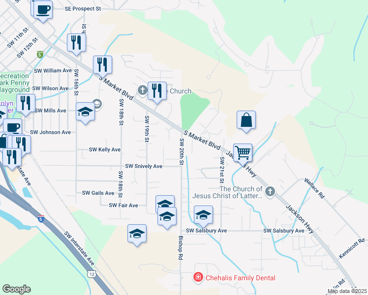 map of restaurants, bars, coffee shops, grocery stores, and more near 671 Southwest 20th Street in Chehalis
