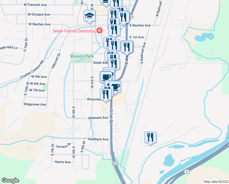map of restaurants, bars, coffee shops, grocery stores, and more near 413 South 1st Street in Selah