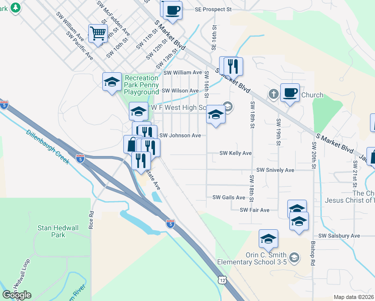 map of restaurants, bars, coffee shops, grocery stores, and more near 1517 Southwest Kelly Avenue in Chehalis