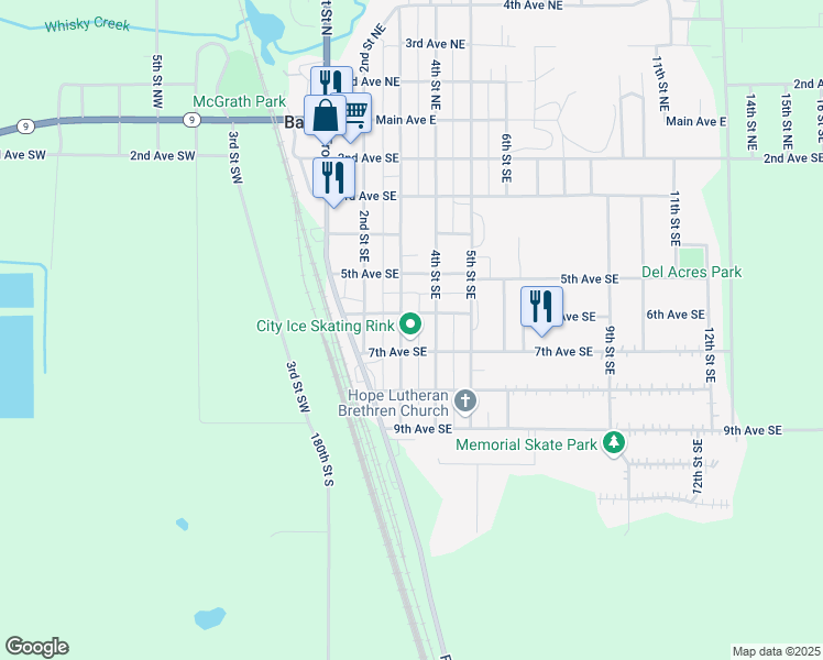map of restaurants, bars, coffee shops, grocery stores, and more near 302 7th Avenue Southeast in Barnesville