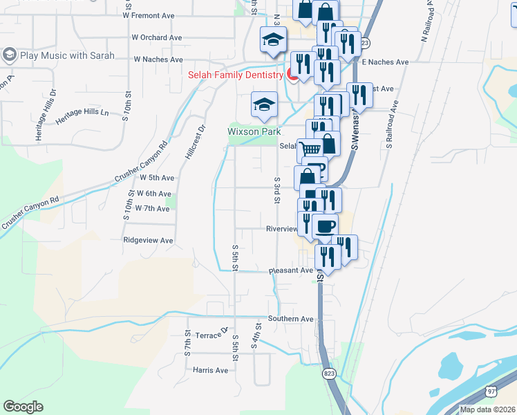 map of restaurants, bars, coffee shops, grocery stores, and more near 402 South 3rd Street in Selah