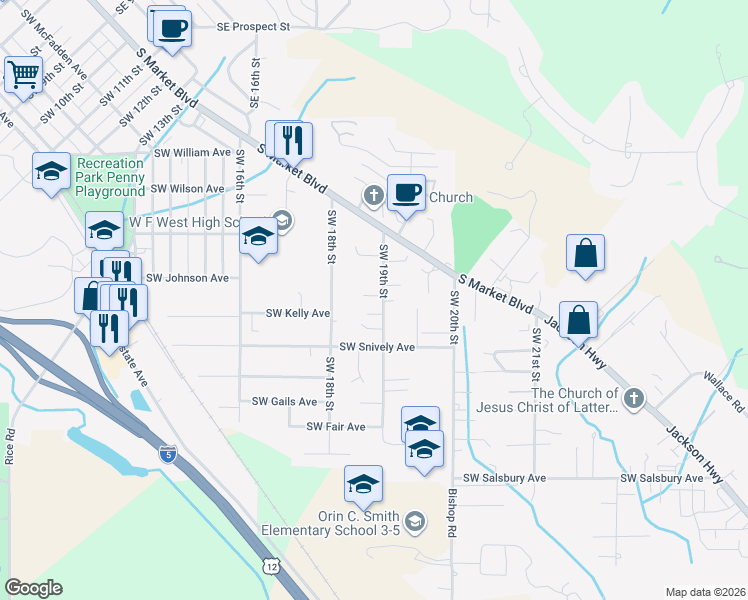map of restaurants, bars, coffee shops, grocery stores, and more near 450 Southwest 19th Street in Chehalis