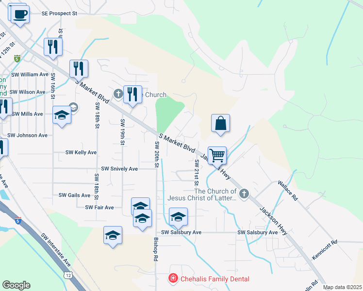 map of restaurants, bars, coffee shops, grocery stores, and more near 26 Southeast Spring Street in Chehalis