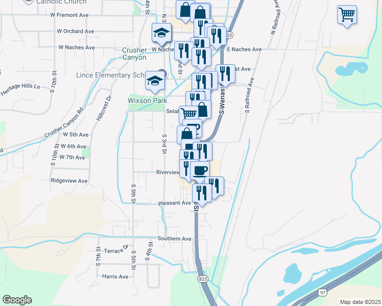 map of restaurants, bars, coffee shops, grocery stores, and more near 408 South 1st Street in Selah