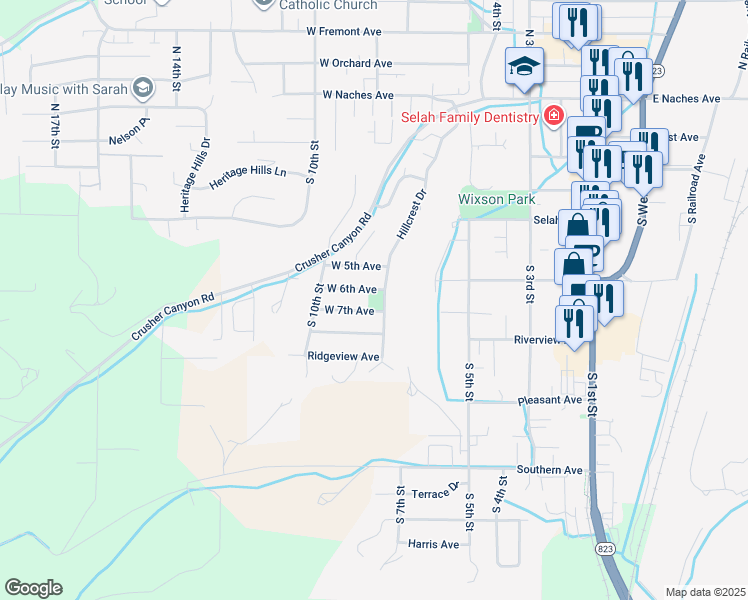 map of restaurants, bars, coffee shops, grocery stores, and more near 803 W 6th Ave in Selah