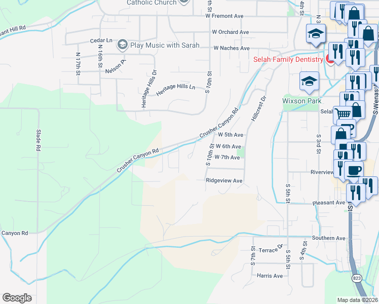 map of restaurants, bars, coffee shops, grocery stores, and more near 1092 Crusher Canyon Road in Selah