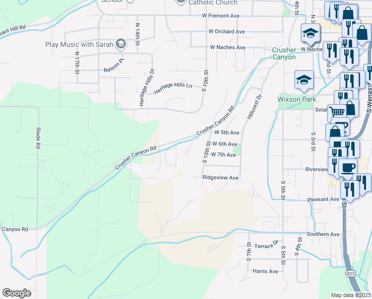 map of restaurants, bars, coffee shops, grocery stores, and more near 1092 Crusher Canyon Road in Selah