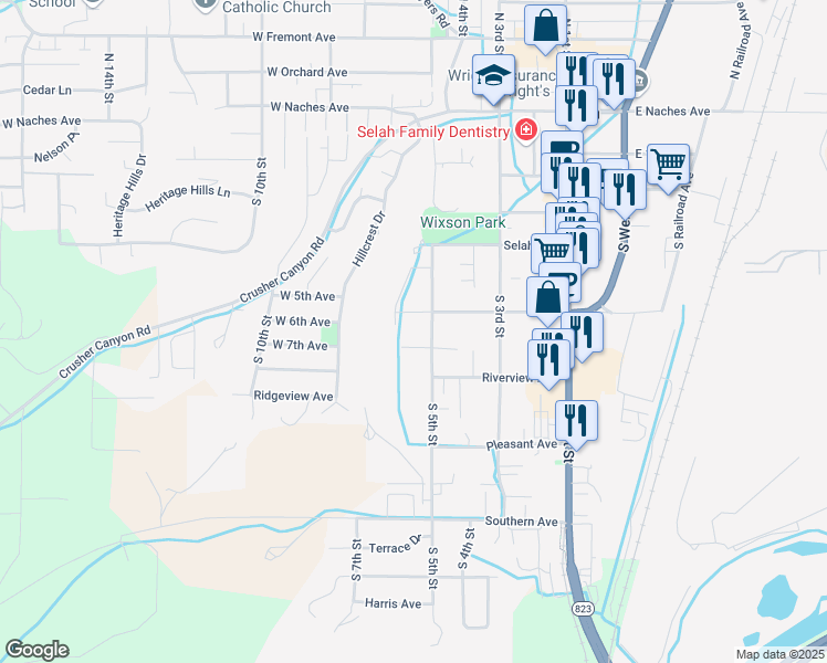 map of restaurants, bars, coffee shops, grocery stores, and more near 406 South 5th Street in Selah