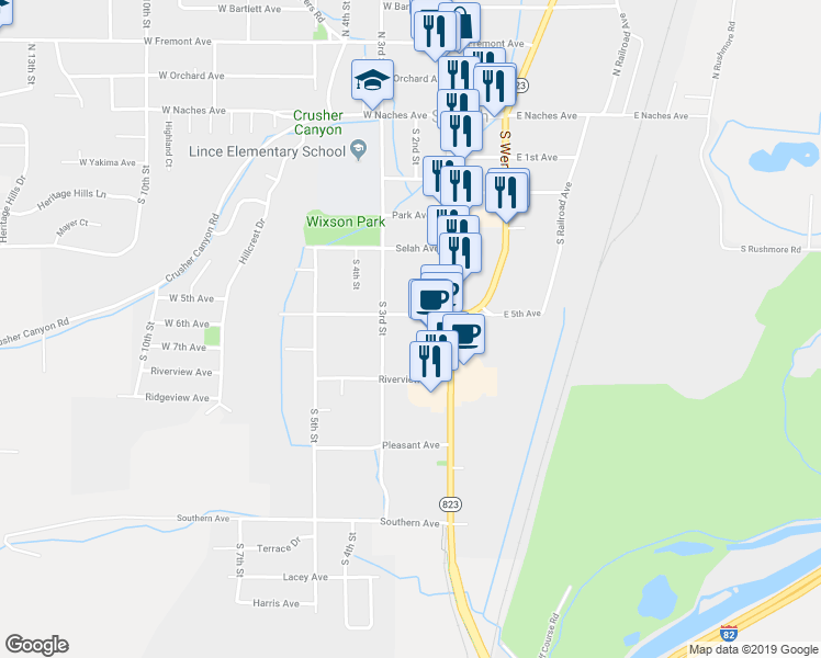 map of restaurants, bars, coffee shops, grocery stores, and more near 206 Valleyview Avenue in Selah