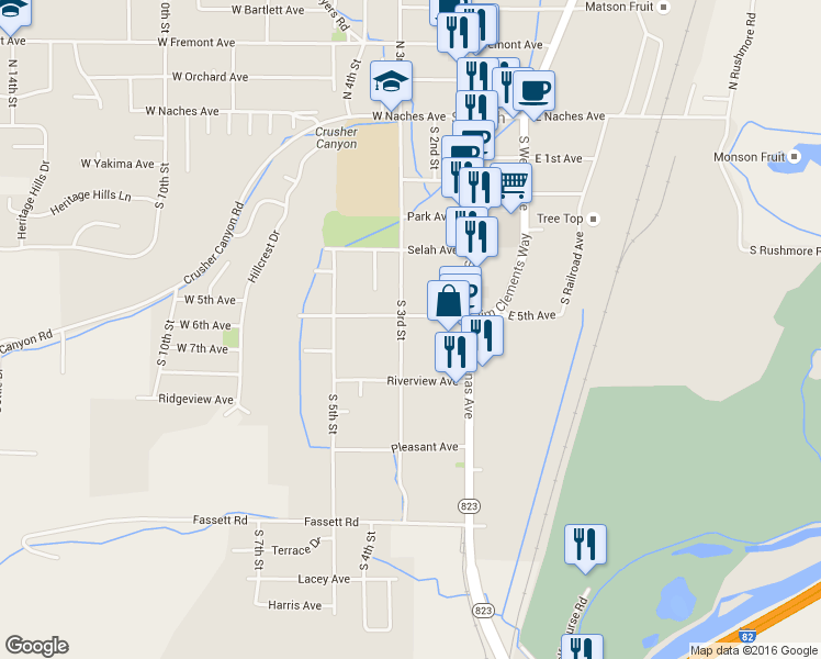 map of restaurants, bars, coffee shops, grocery stores, and more near 403 South 3rd Street in Selah