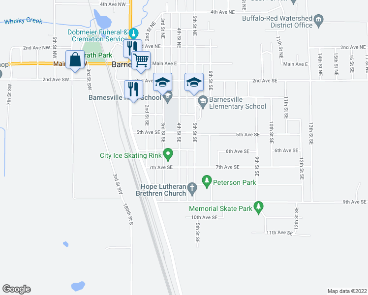 map of restaurants, bars, coffee shops, grocery stores, and more near 401 6th Avenue Southeast in Barnesville