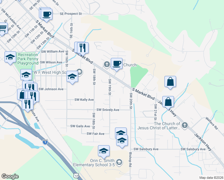 map of restaurants, bars, coffee shops, grocery stores, and more near 450 Southwest 19th Street in Chehalis