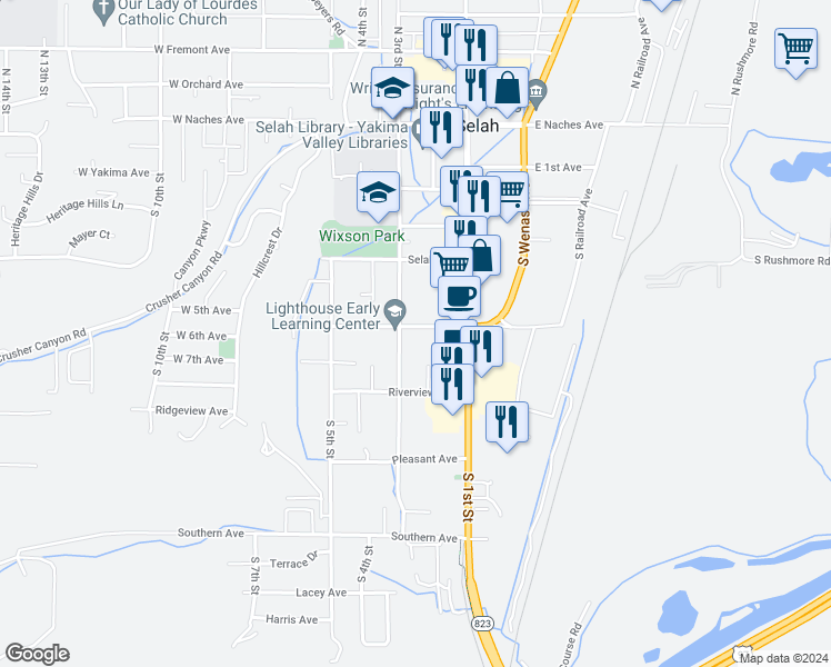map of restaurants, bars, coffee shops, grocery stores, and more near 206 Valleyview Avenue in Selah