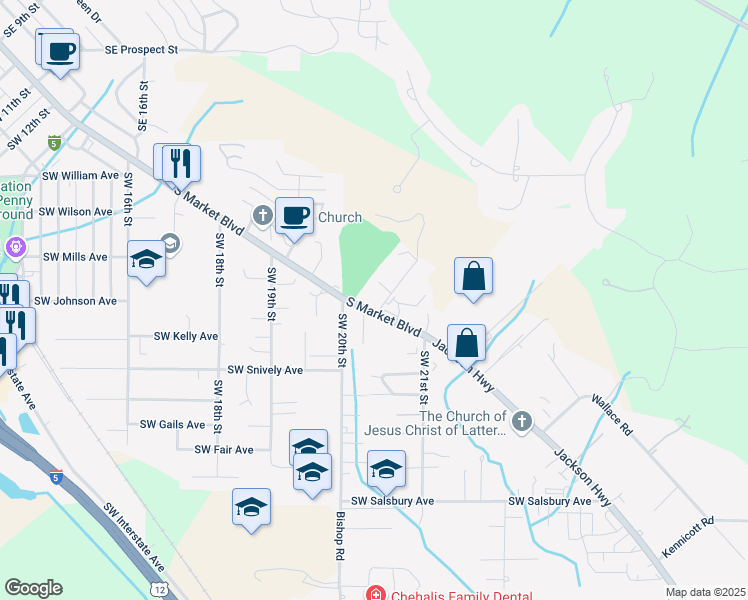 map of restaurants, bars, coffee shops, grocery stores, and more near 26 Southeast Spring Street in Chehalis