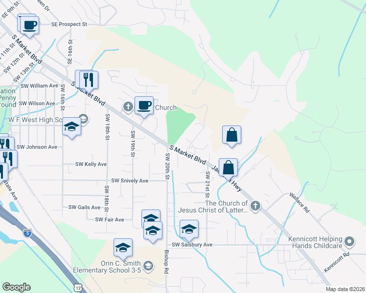 map of restaurants, bars, coffee shops, grocery stores, and more near 26 Southeast Spring Street in Chehalis