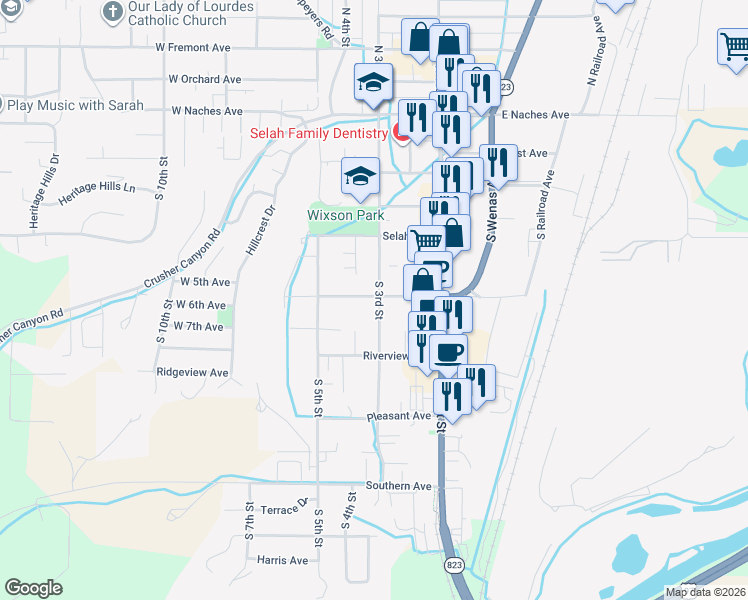map of restaurants, bars, coffee shops, grocery stores, and more near 402 South 3rd Street in Selah