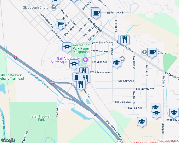 map of restaurants, bars, coffee shops, grocery stores, and more near 4 Southwest Johnson Avenue in Chehalis