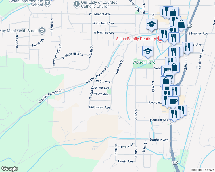 map of restaurants, bars, coffee shops, grocery stores, and more near 803 W 6th Ave in Selah