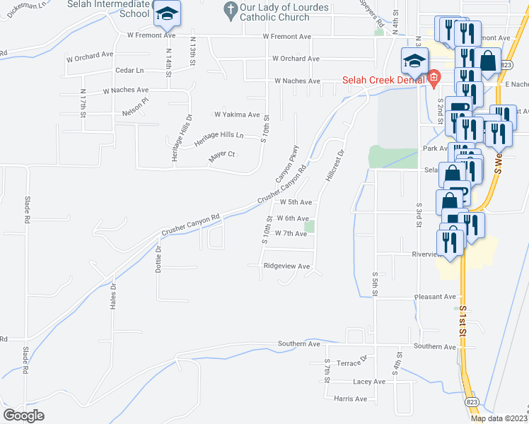 map of restaurants, bars, coffee shops, grocery stores, and more near 310 South 10th Street in Selah