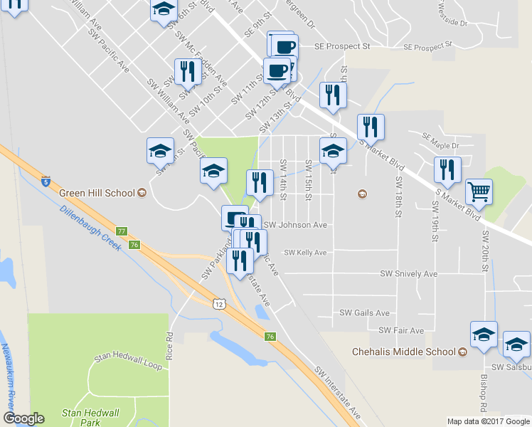 map of restaurants, bars, coffee shops, grocery stores, and more near 4 Southwest Johnson Avenue in Chehalis
