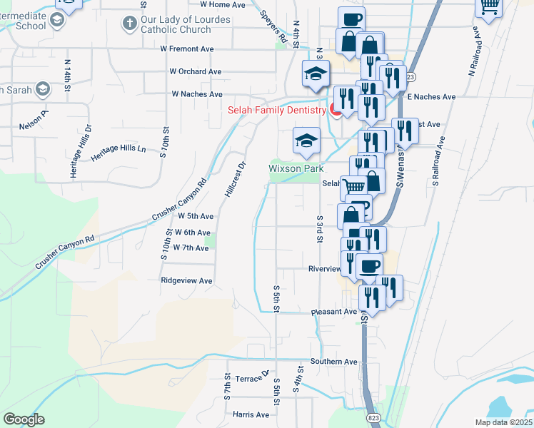 map of restaurants, bars, coffee shops, grocery stores, and more near 508 Valleyview Avenue in Selah