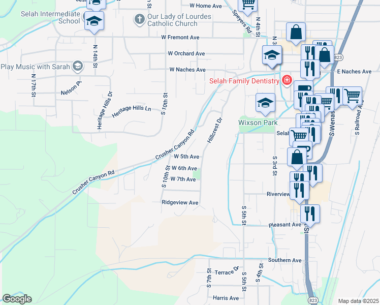 map of restaurants, bars, coffee shops, grocery stores, and more near 306 Sheryln Drive in Selah