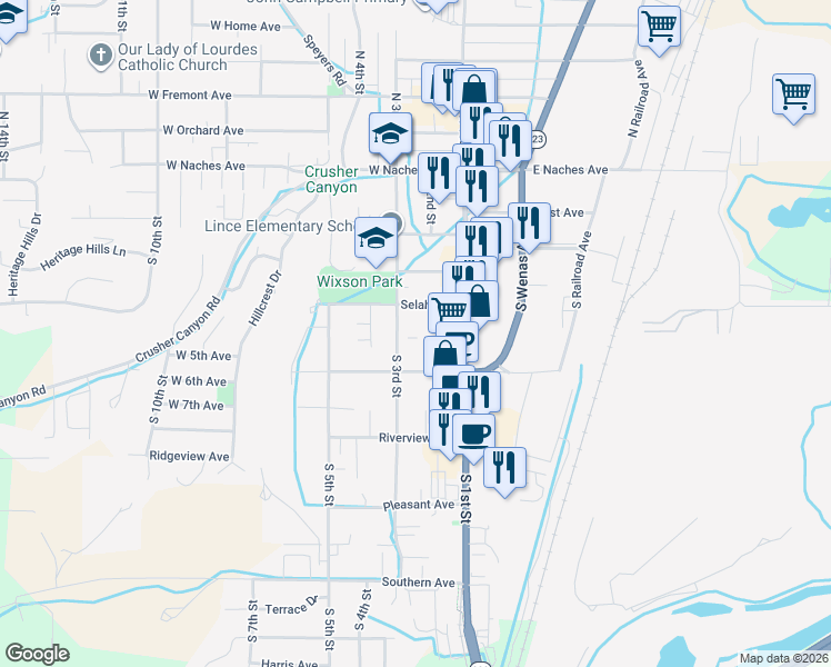 map of restaurants, bars, coffee shops, grocery stores, and more near 305 South 3rd Street in Selah