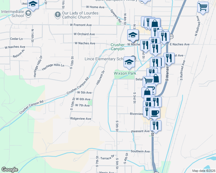 map of restaurants, bars, coffee shops, grocery stores, and more near 308 South 6th Street in Selah