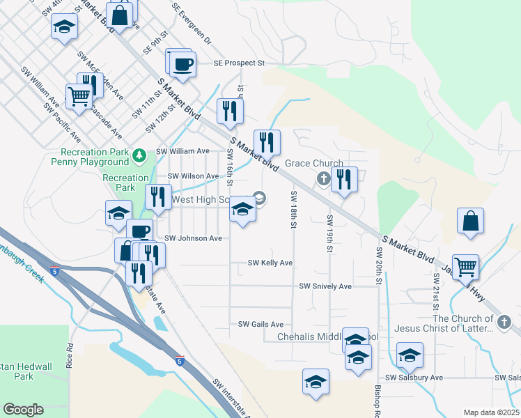 map of restaurants, bars, coffee shops, grocery stores, and more near 342 Southwest 16th Street in Chehalis