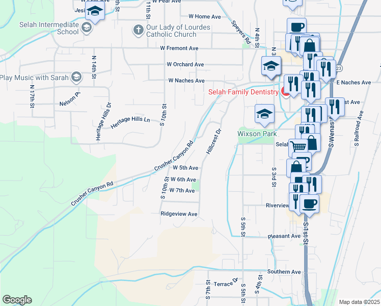 map of restaurants, bars, coffee shops, grocery stores, and more near 306 Sheryln Drive in Selah