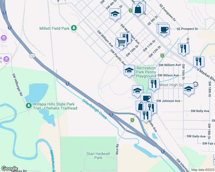 map of restaurants, bars, coffee shops, grocery stores, and more near 375 Southwest 11th Street in Chehalis