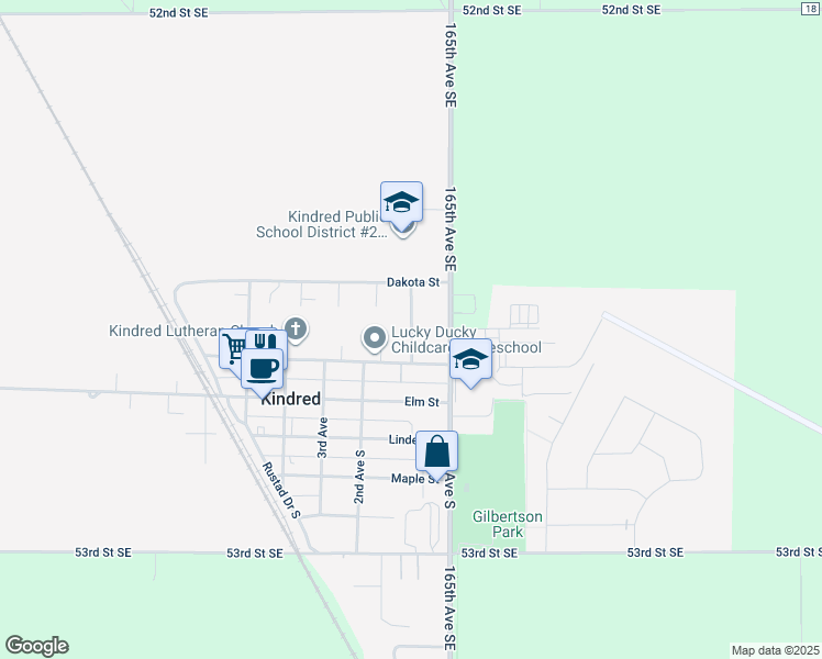 map of restaurants, bars, coffee shops, grocery stores, and more near Rustad Court in Kindred