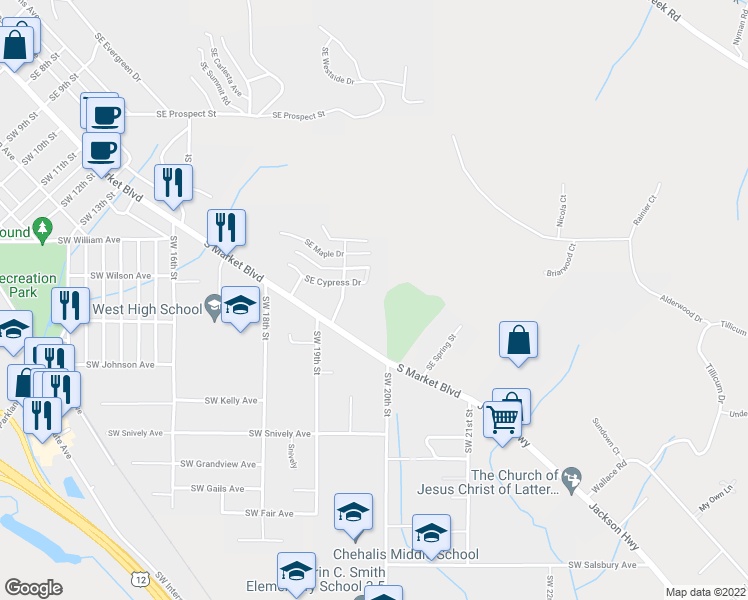 map of restaurants, bars, coffee shops, grocery stores, and more near 1948 South Market Boulevard in Chehalis