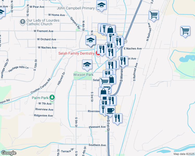 map of restaurants, bars, coffee shops, grocery stores, and more near 305 South 3rd Street in Selah