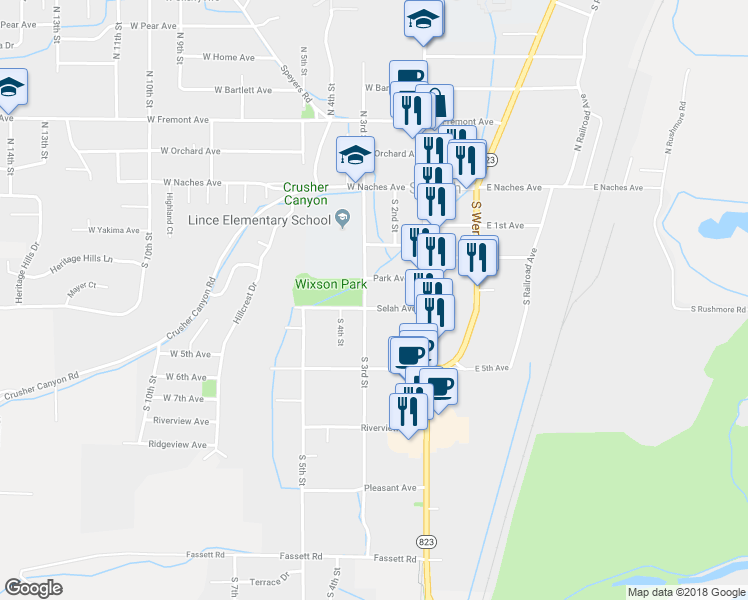 map of restaurants, bars, coffee shops, grocery stores, and more near 305 South 3rd Street in Selah