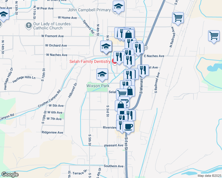 map of restaurants, bars, coffee shops, grocery stores, and more near 217 South 3rd Street in Selah